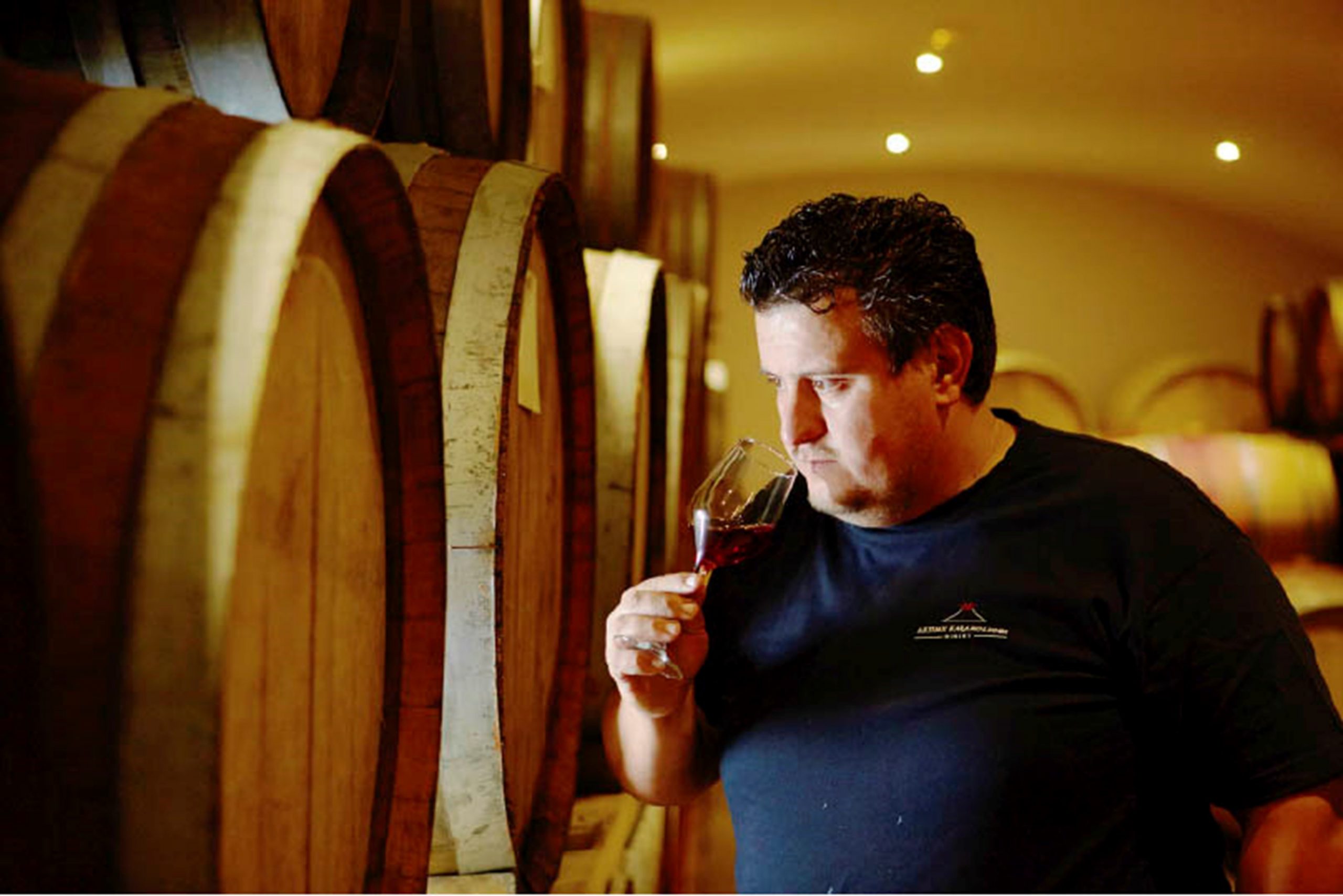 Mann lukter på vin ved siden av vintønner, foto.